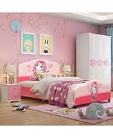 Gouun Kids Children Upholstered Platform Toddler Girl Pattern Bed