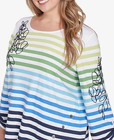 Ruby Rd. Plus Striped Embellished Three Quarter Sleeve Top