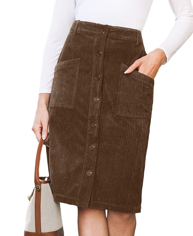 Cupshe Women's Brown Corduroy Button Up Patch Pocket Midi Skirt