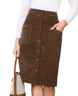 Cupshe Women's Brown Corduroy Button Up Patch Pocket Midi Skirt