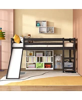 Gouun Twin Size Low Sturdy Loft Bed with Slide Wood