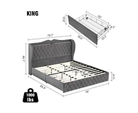 gaomon King Size Bed Frame with Charging Station and 4 Storage Drawers, Velvet Upholstered Tall Tufted Wingback Headboard and Storage Shelf