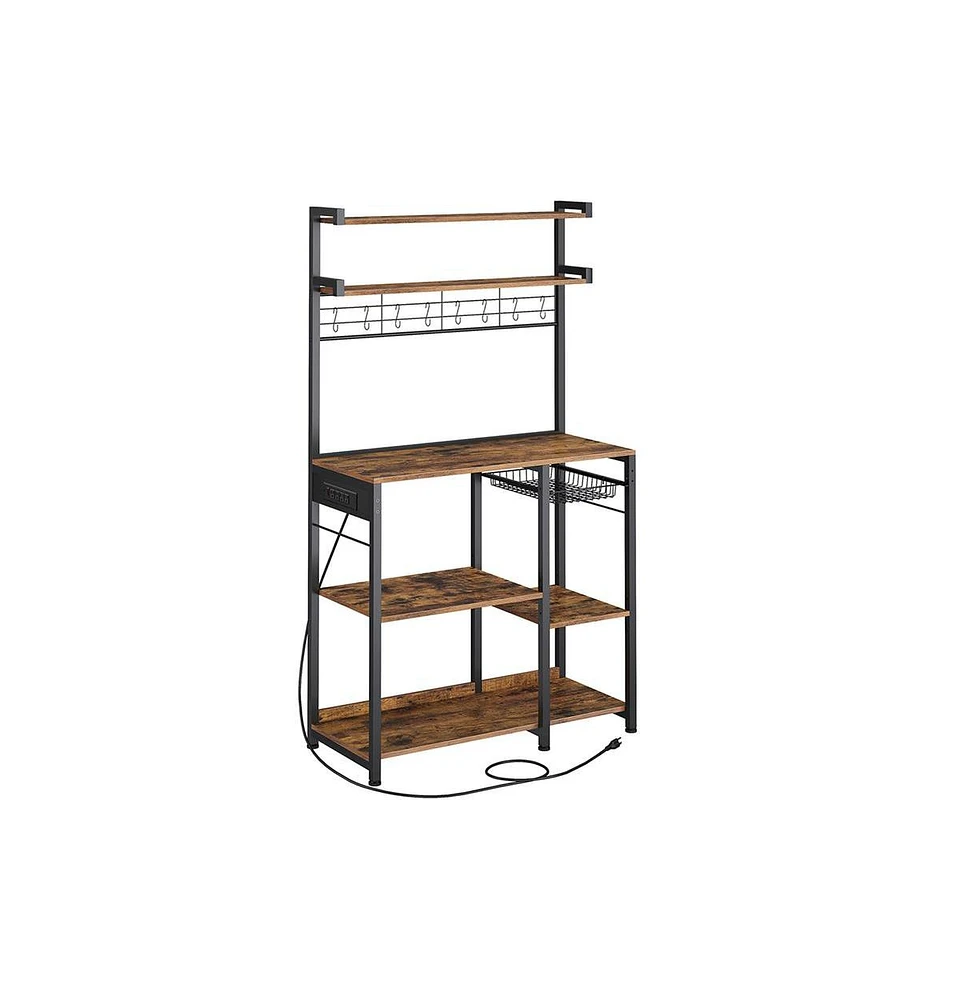 Slickblue Bakers Rack with Power Outlet – Microwave Stand & Coffee Bar with 4 Ac Outlets, Adjustable Shelves, 8 S-Hooks, Basket & Spice Racks