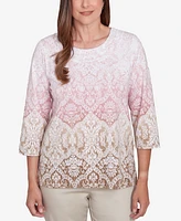 Alfred Dunner Petite Ombre Medallion Three Quarter Sleeve Top with Necklace