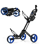 Gymax 3 Wheels Foldable Golf Push Pull Cart Trolley w/ Mesh Bag Foot Brake