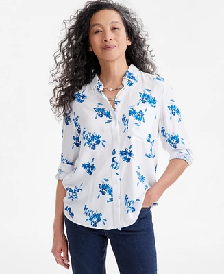 Style & Co Petite Millie Blooms Printed Button-Down Perfect Shirt, Exclusively at Macy's