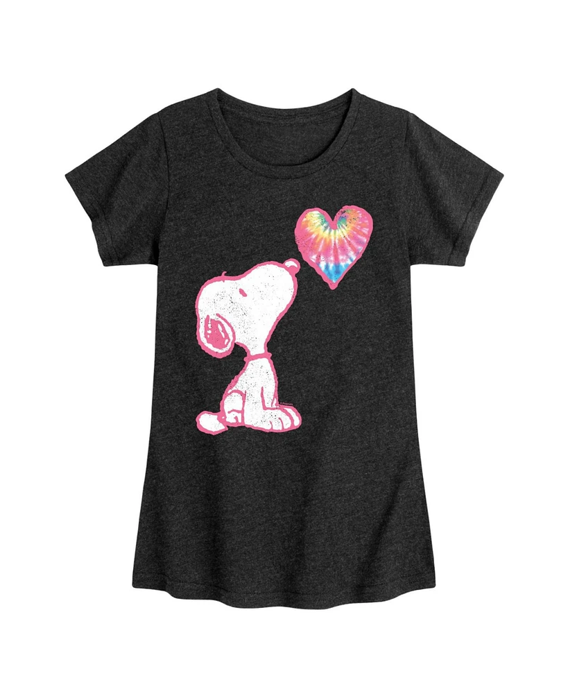 Peanuts Big Girls Snoopy Tie Dye Heart Graphic Short Sleeve Tee