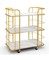 Gouun 3-Tier Metal Kitchen Storage Serving Cart Trolley with Marble Tabletop and Handles