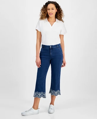 Style & Co Petite Wide Leg Cropped Embroidered Jeans, Exclusively at Macy's