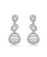 Genevive Sterling Silver White Gold Plated with Clear Pear, Oval & Round Cubic Zirconia Halo Three Tier Drop Earrings