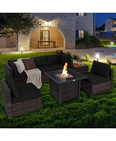 Costway 7PCS Patio Rattan Furniture Set Fire Pit Table Cover Glass Top Cushion