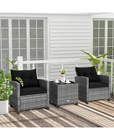 3 Pieces Outdoor Wicker Conversation Set with Tempered Glass Tabletop