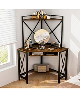 Gouun Space-Saving Corner Computer Desk with with Hutch and Keyboard Tray-Rust