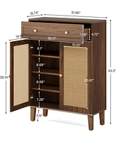 Tribesigns Shoe Cabinet with Doors and Drawer, Modern Shoe Storage Cabinet for Entryway, Rattan Shoes Cabinet with Adjustable Shelf, Wooden Shoe Organ