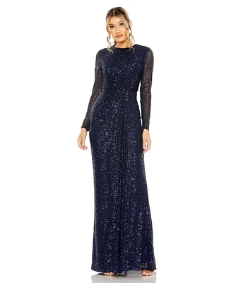 Mac Duggal Women's Sequined Long Sleeve Side Knot Gown