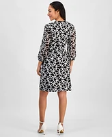 Connected Petite Printed Blouson-Sleeve Faux-Wrap Sheath Dress