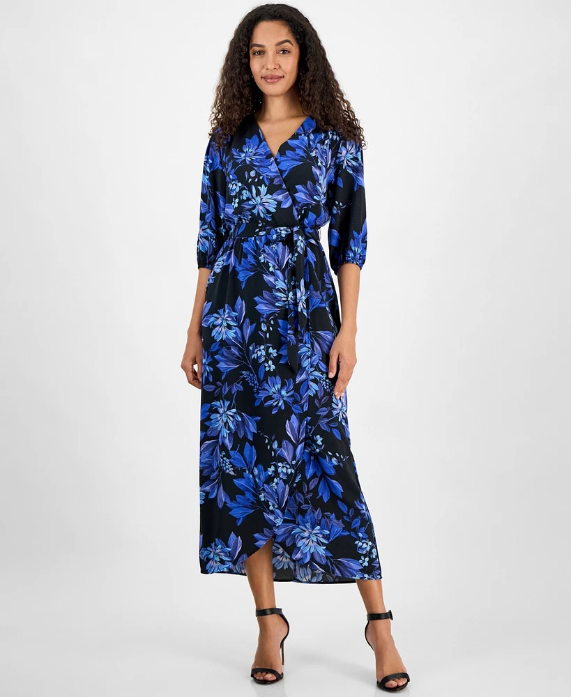 Connected Women's Floral-Print Faux-Wrap Maxi Dress