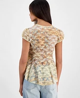 Madden Girl Juniors' V-Neck Cap Sleeve Babydoll Lace Top