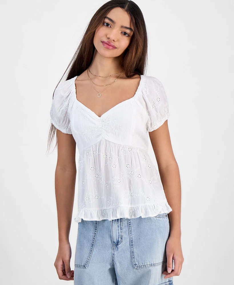 Hippie Rose Juniors' Eyelet Babydoll Short-Sleeve Top