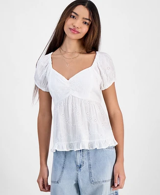 Hippie Rose Juniors' Eyelet Babydoll Short-Sleeve Top