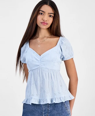 Hippie Rose Juniors' Eyelet Babydoll Short-Sleeve Top