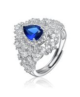 White Gold Plated with Tear-Shaped Blue Cubic Zirconia Cluster Ring