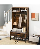 Gouun 69-Inch 4-in-1 Hall Tree with Coat Rack, Seat Cushion, Shoe Storage, and Shelf