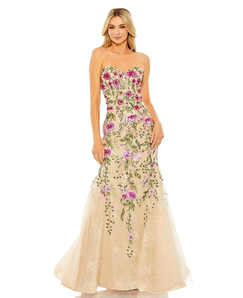 Women's Strapless Sheer Bustier Embroidered Mermaid Gown