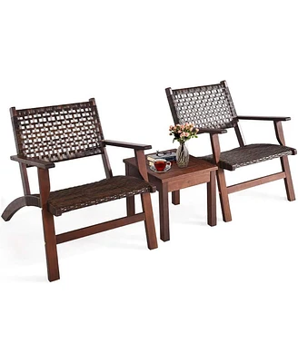 Slickblue Solid Wood and Rattan 3-Piece Outdoor Patio Furniture Table Chairs Set