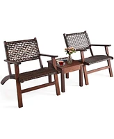 Slickblue Solid Wood and Rattan 3-Piece Outdoor Patio Furniture Table Chairs Set