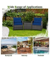 3 Pieces Outdoor Wicker Conversation Set with Tempered Glass Tabletop