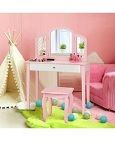 Gouun Kids Princess Make Up Dressing Table with Tri-folding Mirror and Chair