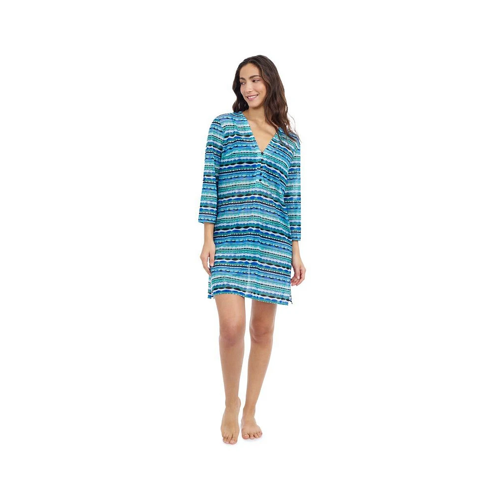 Profile by Gottex Women's Bachata V Neck Mesh Tunic Dress with Sleeves