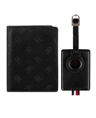 Tommy Hilfiger Men's Embossed Leather Passport Wallet with AirTag Holder Luggage Tag, 2-Piece Set