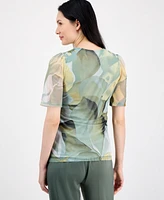 Anne Klein Women's Abstract-Print Elbow-Sleeve Mesh Top