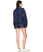 Tommy Jeans Womens Cropped Denim Shirt Jacket Cropped Varsity Crest Hooded Sweatshirt Hot Pants Denim Shorts