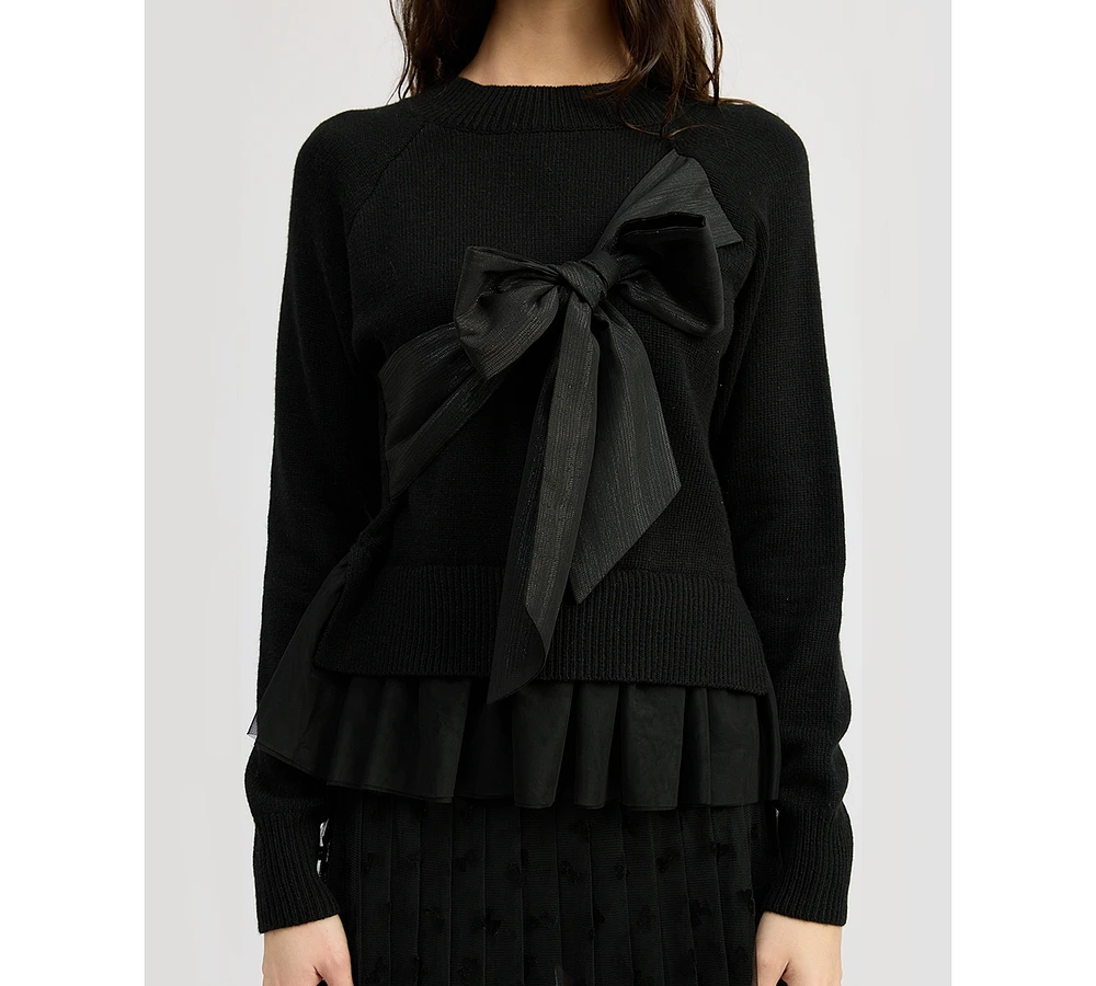 En Saison Women's Casey Bow-Tie Ruffle-Hem Sweater