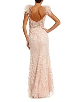 Mac Duggal Women's Sheer Applique Bustier Gown with Feather Straps