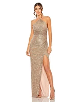 Mac Duggal Women's One Shoulder Ruched Side Front Slit Sequin Gown