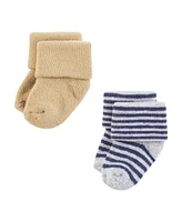 Hudson Baby Boys Cotton Rich Newborn and Terry Socks, Blue Brown Stripes, Months