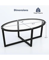 Gouun Glass Table Oval Living Room Table with Cross Base and Acacia Wood Legs