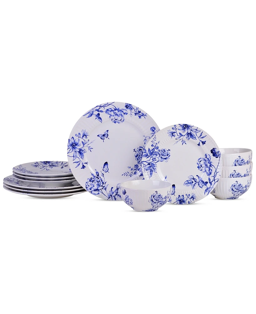 222 Fifth Cassian Embossed Toile Blue Porcelain 12 Pc. Dinnerware Set, Service for 4