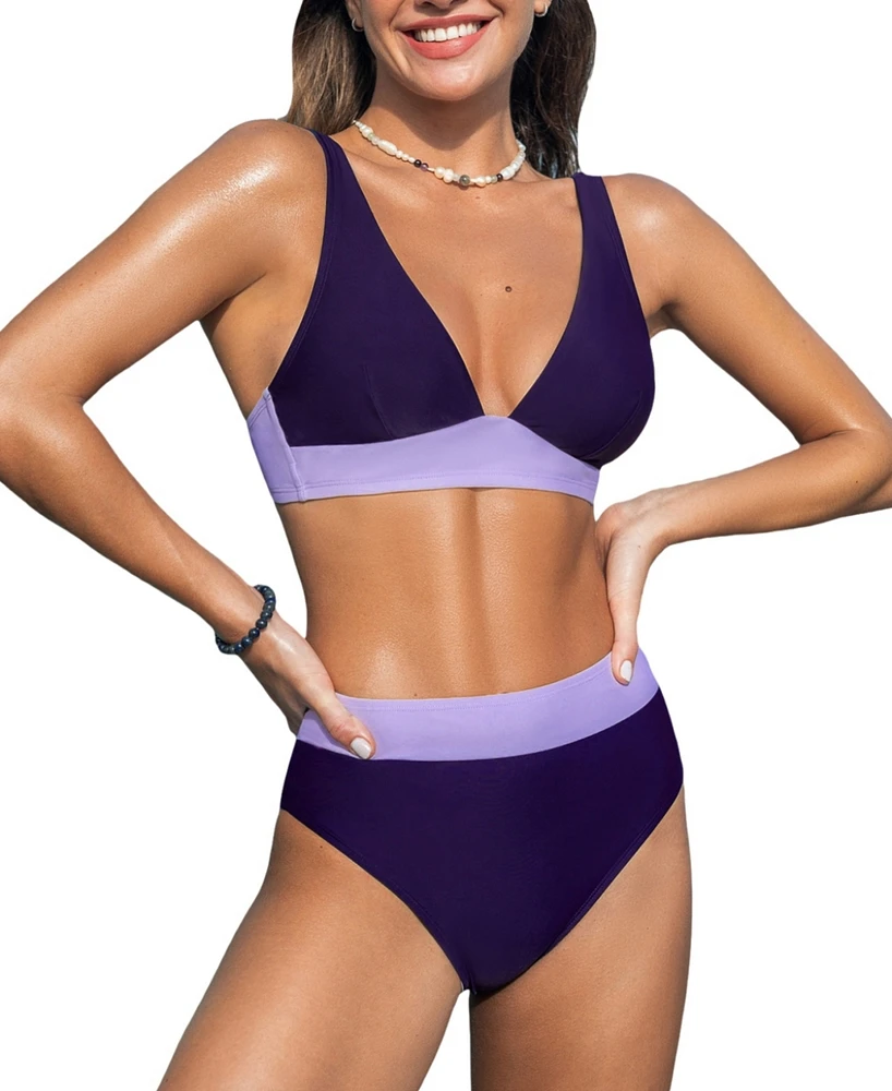 Cupshe Women's Serene Colorblock V-Neck Bikini Top & Standard Bottoms Set