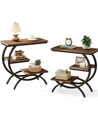 Tribesigns C-Shaped End Table Set of 2, Industrial 3-Tier Small Side Table for Couch, Wood Bedside Table Snack Side Table with Storage Shelves for Liv