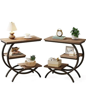 Tribesigns C-Shaped End Table Set of 2, Industrial 3-Tier Small Side Table for Couch, Wood Bedside Table Snack Side Table with Storage Shelves for Liv