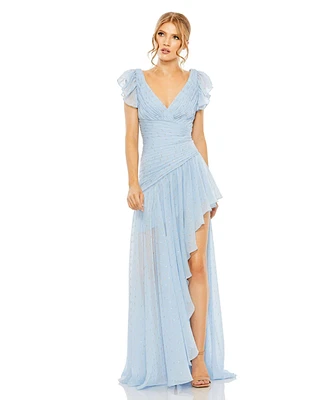 Women's Asymmetrical Ruched Gown With Flutter Sleeves