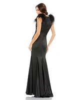 Mac Duggal Women's Feather Shoulder V-Neck Column Gown