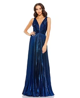 Mac Duggal Women's Plunge Neck Pleated Metallic Gown