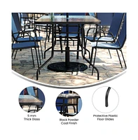 Emma+Oliver Seven Piece Patio Table Set With Metal Tempered Glass Top And 6 Flex Comfort Stacking Chairs