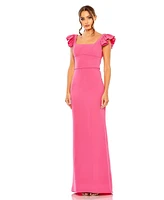 Mac Duggal Women's Ruffle Cap Sleeve Open Back Column Gown